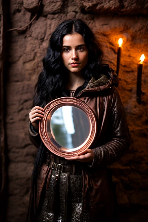 a 26yo female adventurer, knapsack, face in (A Ancient copper mirror), underground Mysterious Ancient Relics, black hair, cinematic