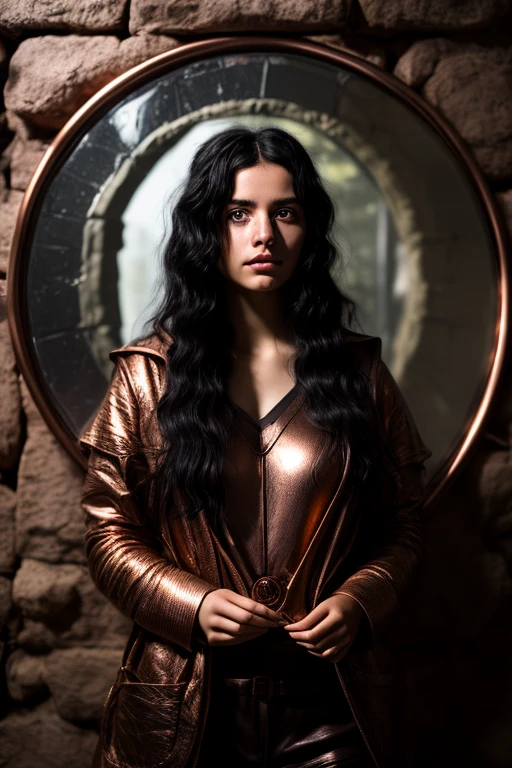 a 26yo female adventurer, knapsack, face in (A Ancient copper mirror), underground Mysterious Ancient Relics, black hair, cinematic