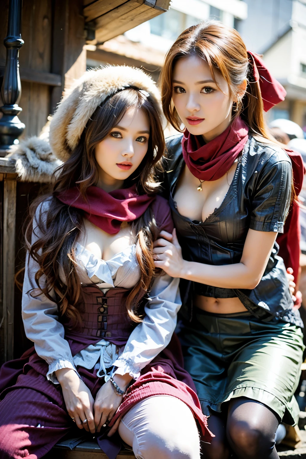 All faces must be different,super big eyes,two female oen soldiers with colorful robes,magical wonderland,