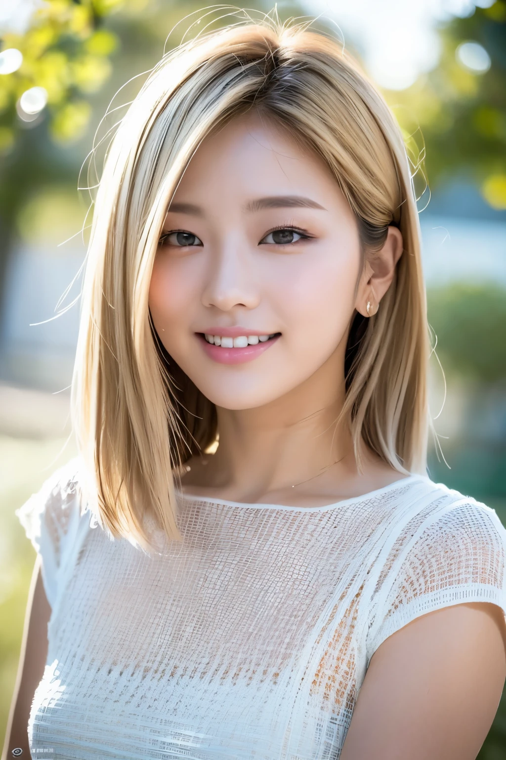 top-quality, 8K, ​masterpiece, femele, A smile, Look at viewers, foco nítido, Light beige hair color, bob cuts, dishevled hair, Highly detailed face and skin and hair texture, A detailed eye, 二重まぶた, de pele branca, beautiful delicate nose, かわいい若いfemele, 27yo, With dynamic angles, can feel happy, Characterized by calm tones and contrast between light and shadow.