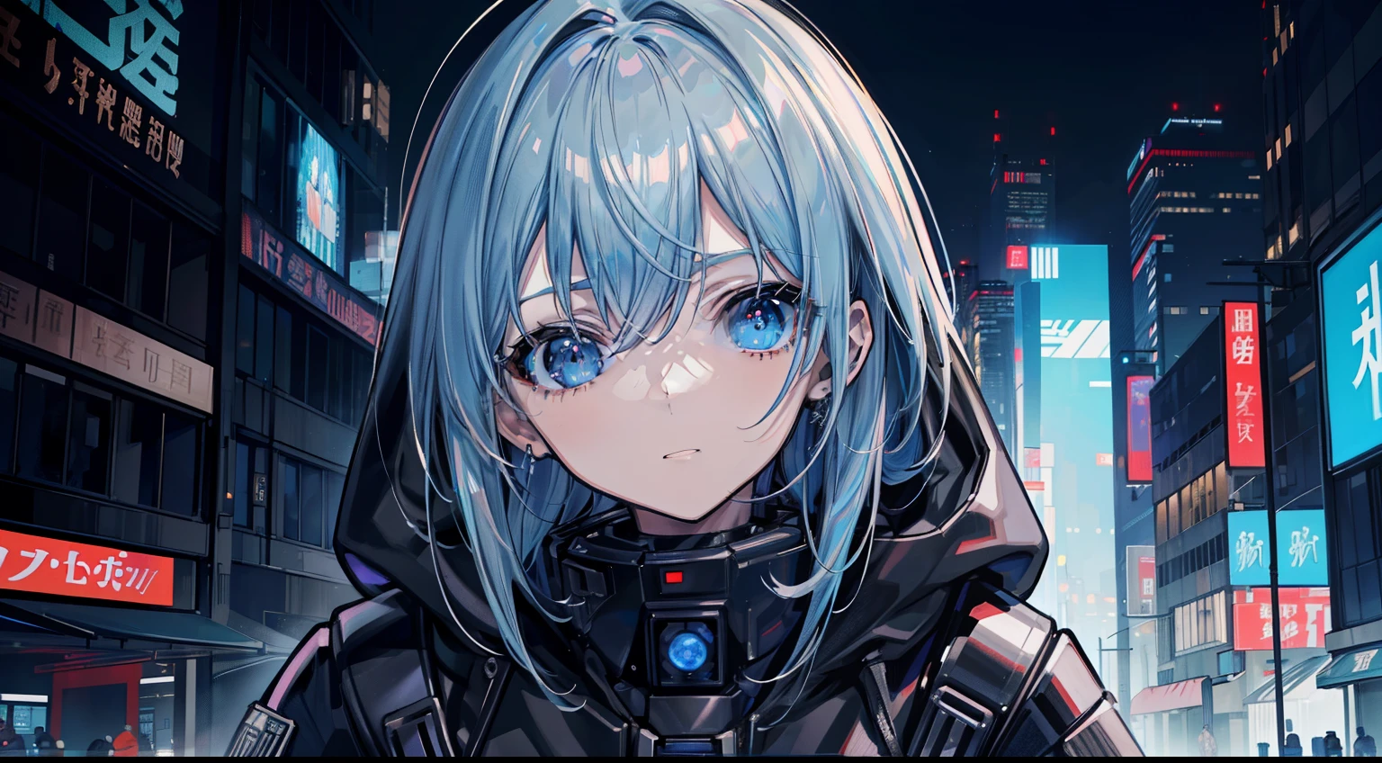 masutepiece、Best Quality、8K High Resolution、face perfect、Detailed face、Detailed eyes、light blue ioconite、Intricate details、high-detail、High detail mechanical guard，black hooded sweatshirt，Long knives，Glossy metallic texture，Rich in detail，City of Steel，Cyberpunk Personality，Near future，terrorism，Interstellar battlefield、((Four Men))、