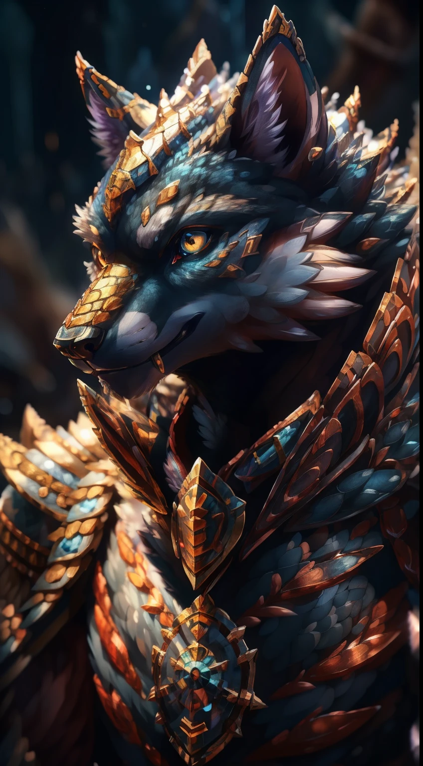 a close up of a group of four different colored characters, wolf armor, coriolios rpg art style, high quality dnd illustration, high detailed official artwork, dnd fantsay art, epic fantasy art style, very very beautiful furry art, character splash art, detailed game art, detailed full body concept art, full character concept art, official character art