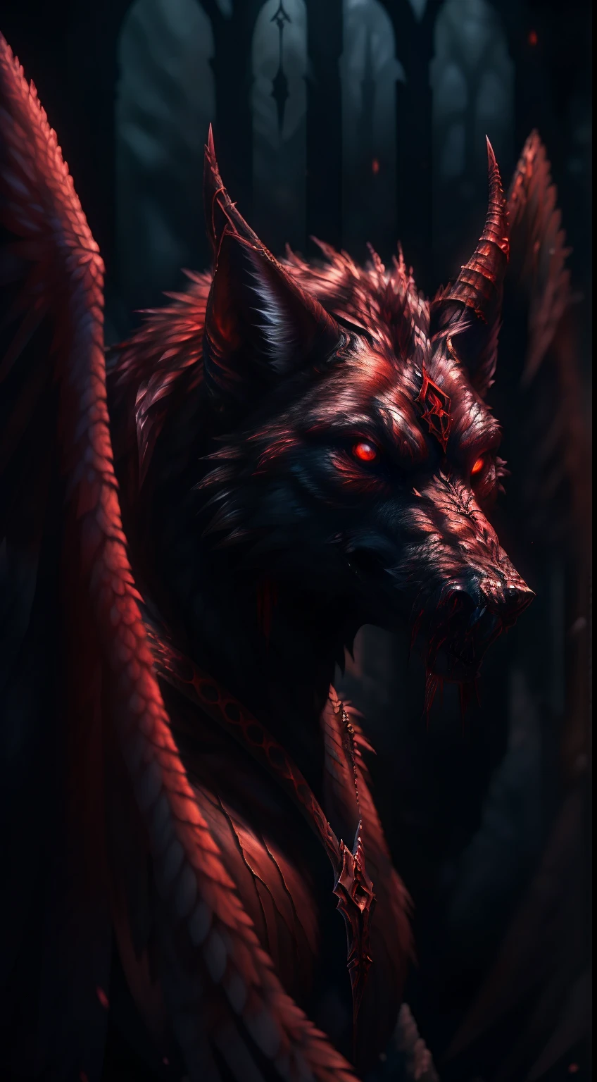 a close up of a demonic creature with wings and blood, dark fantasy style art, in style of dark fantasy art, dark fantasy art, dark fantasy horror art, an ominous fantasy illustration, fantasy dark art, dark fantasy concept art, fenrir, winged wolves, a minotaur wolf, dark fantasy artwork, demonic creature, symmetrical epic fantasy art, gothic fantasy art