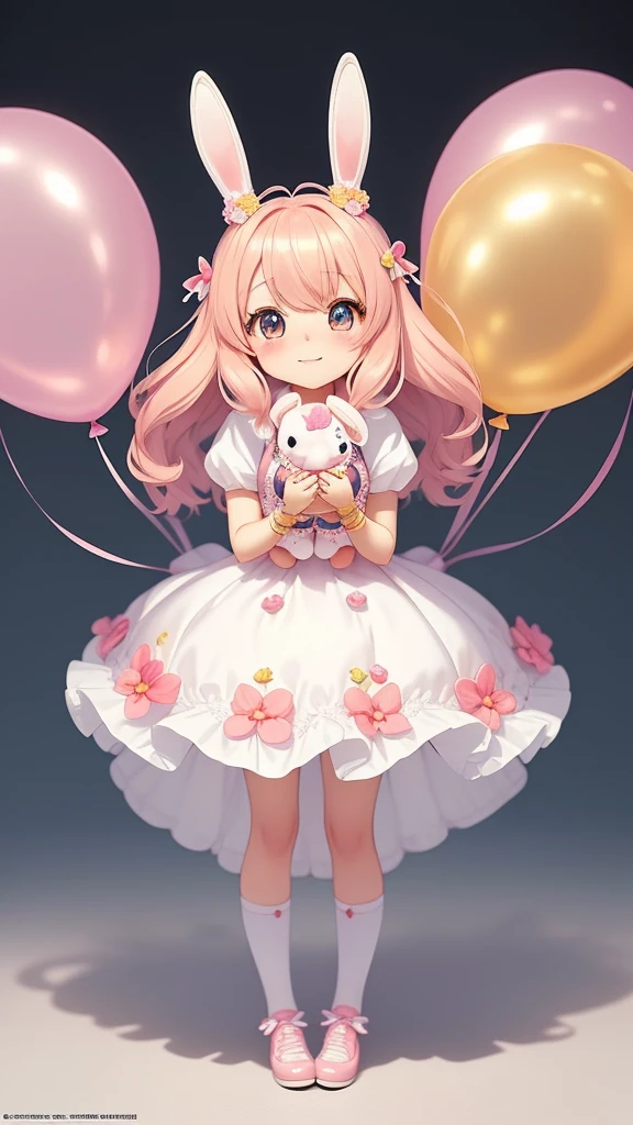 Bunny morphing a cute girl, Fluffy, Soft ((Best Quality)), ((masutepiece)), ( Extreme Detail, Highest detail, Official art, Beauty and aesthetics: 1.2), depth of fields, Composition, Full body, (Chibi), (Beautiful and detailed eyes: 1.3), (Very happy: 1), Colorful small balloons on blurred background
