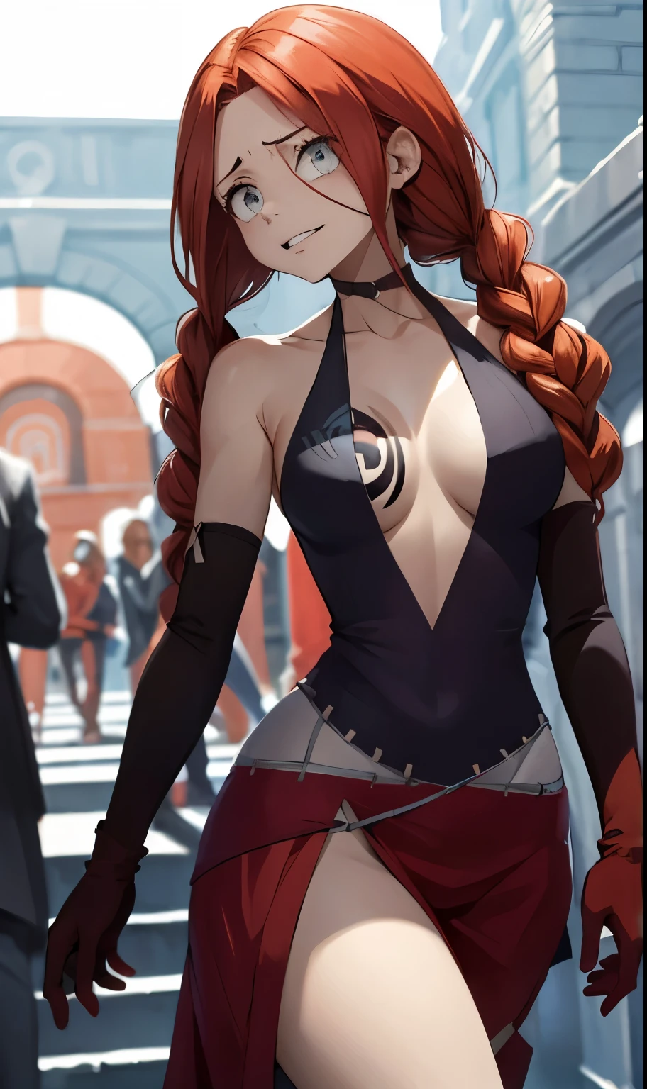 anime fairy tail, personaje lflare, pelo anaranjado largo en dos coletas, rostro hermoso, pecho grande, trasero grande, Curvaceous Body, calidad, 4k, adolescente, atractiva. Flare es una joven de piel clara de estatura media, con el pelo largo, color rojo, They are gathered on both sides of the head and tied into a pair of braided pigtails, masivas, que llegan hasta la cintura, y parecen seguir siendo por lo general arqueado, Backwards. Ella tiene labios gruesos y ojos rojizos, que siempre se muestran algo de par en par, que, junto con las cejas levantadas y perpetuamente su boca semi-abierta, gives him a somewhat crazy expression. Furthermore, ella parece tener bolsas visibles por debajo de los ojos, agregando a su aspecto distintivo. Flare posee un cuerpo muy voluptuoso, con senos masivos encontrados por las caderas de manera similar, la dota de una casi perfecta figura de un reloj de arena. Su hombro izquierdo tiene una cicatriz en forma de una "X", y su oscura marca de Gremio se encuentra en la parte superior de su pecho derecho. Flare tiene un vestido rojo muy revelador, que deja la mayor parte de su cuerpo superior al descubierto, es decir, su espalda, los lados y una gran parte de su escote que casi le llega hasta el ombligo (y, en consecuencia, parte de su marca de gremio) completamente expuestos, asegurado por correas de cuello halter. El vestido casi llega hasta los tobillos, con la parte que cubre sus piernas con volantes, and a lighter section, consisting of two elongated patches that act as a leash of sorts, en correspondencia a la cintura, al parecer, it is sewn to the clothes. El traje de Flare se completa con guantes largos que llegan casi hasta los hombros, haciendo coincidir su vestido en color, each with a small cut on the outer top edge, y las botas simples y de color claro