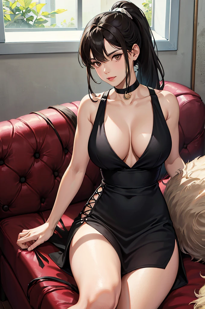 1girl, solo, long hair, breasts, looking at viewer, bangs, large breasts, black hair, dress, cleavage, bare shoulders, brown eyes, sitting, closed mouth, underwear, collarbone, ponytail, sleeveless, choker, indoors, black dress, lips, window, sleeveless dress, black choker, couch, side slit