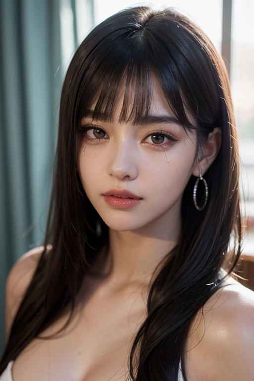 (8K, Raw photo, Photorealistic: 1.25), (partially white hair, Thin lip gloss, Thin eyebrows, Eyelashes, Teardrops, Snappy bangs, Shiny face, Shiny skin, Best Quality, Ultra High Resolution, depth of fields, chromatic abberation, Caustics, Wide Lighting, Natural Shading, Kpop Idol) tie hair by hand, Long hair, Smile, Small Devil, puffy niples, big areolae, pink areolas, puffy areolas, Gorgeous girl, smooth areola, Brown hair, natural Tits, Dark blue eyes, Colossal tits,Hook Nose, Cute face, No bra,nude,Delicious-looking