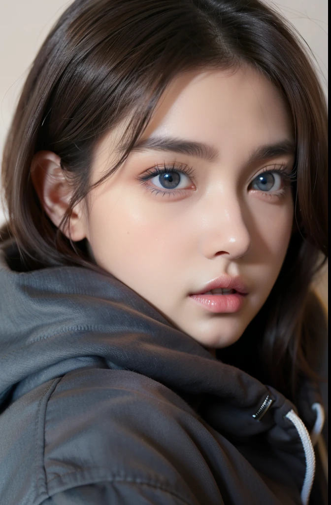 1girl, Pretty woman, japanese mixed russian , blue eyes , big eyes , photography, oversized hoodie:1.2,  Detailed eyes, slightly thick eyebrows, sharp big nose, brown hair , short hair , bitting her lips , bitting lips