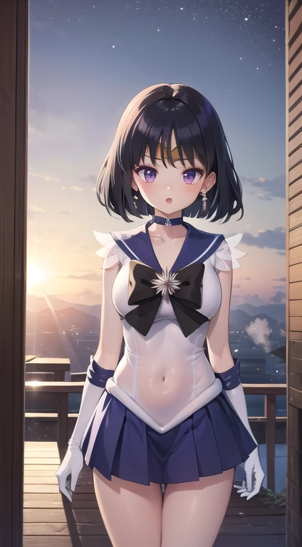 (masterpiece:1.2, best quality:1.2), (shiratama:1.2), R15, highres, (extremely detailed), (intricate), (beautiful dentaled glow:1.2), sunset, gradient sky, space, cinematic lighting, (pixiv), 1girl, (8k, HD, portrait, cowboy shot, anime, 4k, novel illumination), soft outline, (perfect quality:1.2), bangs
BREAK (tomoe hotaru, sailor saturn), purple eyes, purple hair, short hair,
BREAK back bow, purple bow, purple choker, purple sailor collar, purple skirt, bow, choker, earring, tiara, white gloves, jewelry, magical girl, large breast, collarbone, (white leotard), miniskirt, sailor collar, sailor senshi uniform, boots, (sleeveless), (see-through), (skindentation:1.2), (steaming body:1.2), (bare shoulders, bare hip, thighs, covered navel)
BREAK (perfect anomary, perfect hand), (perfect cute face:1.4), (perfect clothes, perfect body), night, (sky:1.2), heavy breathing, (:o, (in front), outdoor, energy, NFSW)