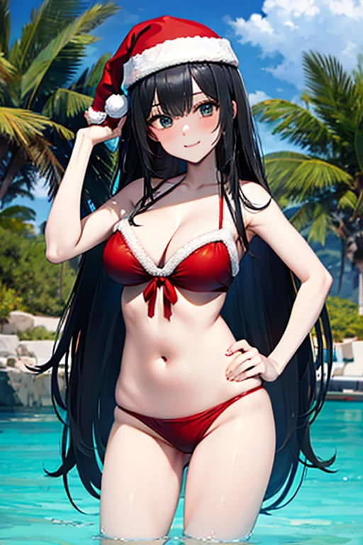 black hair, sexy, large breast, santa bikini