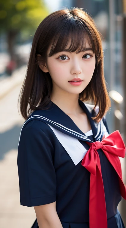 (masutepiece, Best Quality:1.2), 8K, Official art, Raw photo, unbelievable Ridiculous, (Upper body, Sailor Uniform, serafuku:1.4), Beautiful Girl, ,Nogizaka46 Idol,hposing Gravure Idol、Pretty Face, arching back down, Navy pleated skirt, close up, School uniform, Short sleeve, gardenia, violaceaess, , Street, Looking at Viewer, No makeup, Film grain, chromatic abberation, Sharp Focus, face lights, Dynamic lighting, Cinematic lighting, Eyes and faces with detailed, Bokeh background, (1 dark red bow tie:1.3)