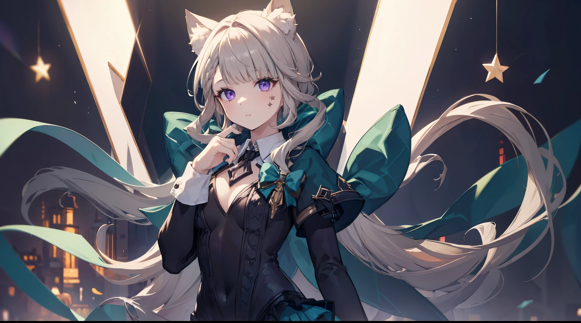 (((4k, masterpiece, top-quality))) ,8k, best quality, high resolution, HD, unity 8k wallpaper, (((illustration))), extremely detailed face, perfect lighting, extremely detailed CG, (perfect hands, perfect anatomy:1.5), lynette, animal ear fluff, animal ears, cat ears, hair bow, (purple eyes:1.1), brown hair, (((single star on left cheek))), bow, green bow, hat, leotard, long sleeves, miniskirt, pantyhose, skirt, top hat, shrug (clothing)