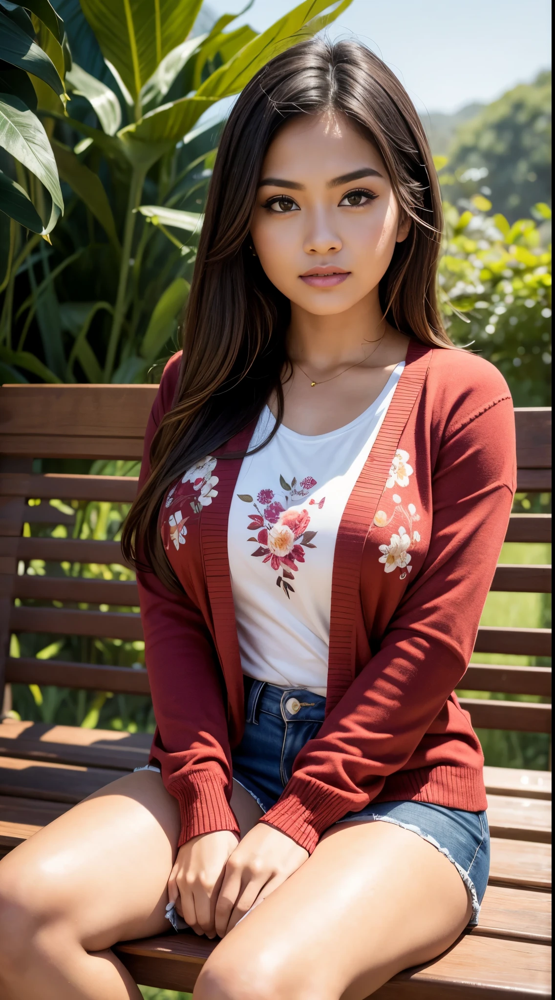 RAW, Best quality, high resolution, masterpiece: 1.3), beautiful Malay woman,Masterpiece, perfect  fit body, big breast, big gorgeous eyes, Soft smile, brown long hair,thick thighs, long hair, beutifull face, woman sitting on a bench next to a bambo plant, wearing (Cardigan, red T-shirt large floral motif:1.2),Excellent lighting, Bright colors, Clean lines