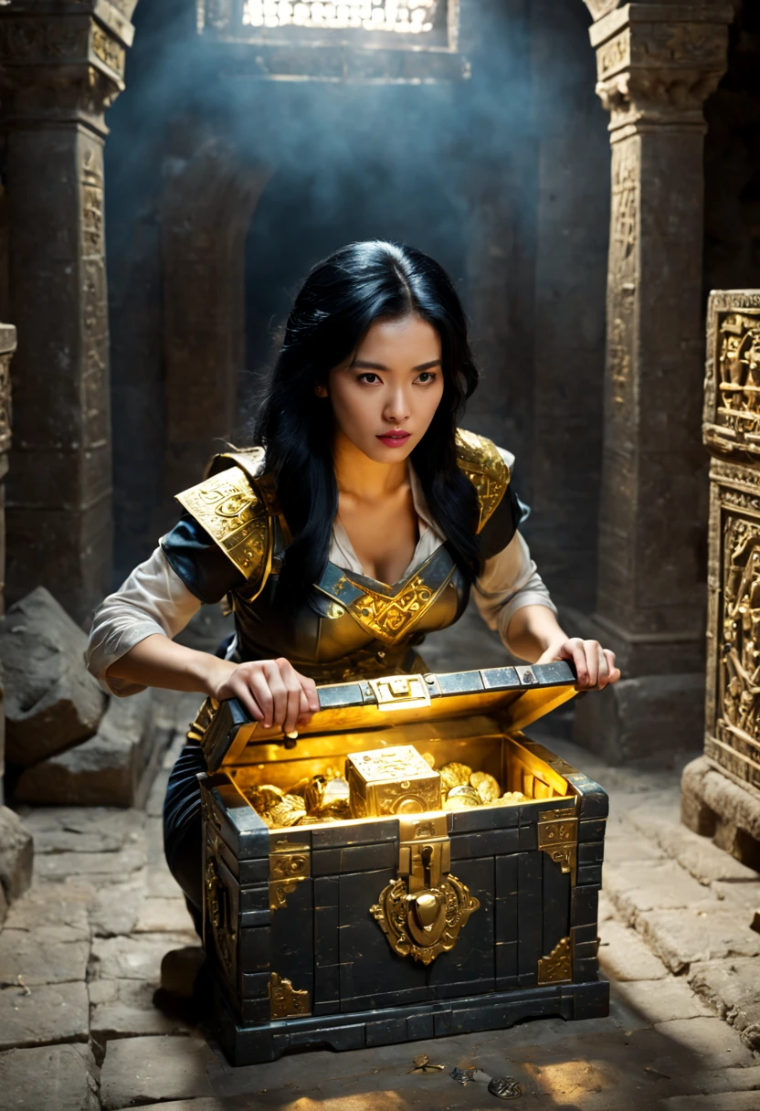 a 26yo female adventurer, black hair, BREAK, staring at a golden_box on the (ancient Altar), Lifting (a half-opening ancient treasure chest:1.2), the box inside gave out a harsh light, dark Ancient Underground Palace, indoors, cinematic