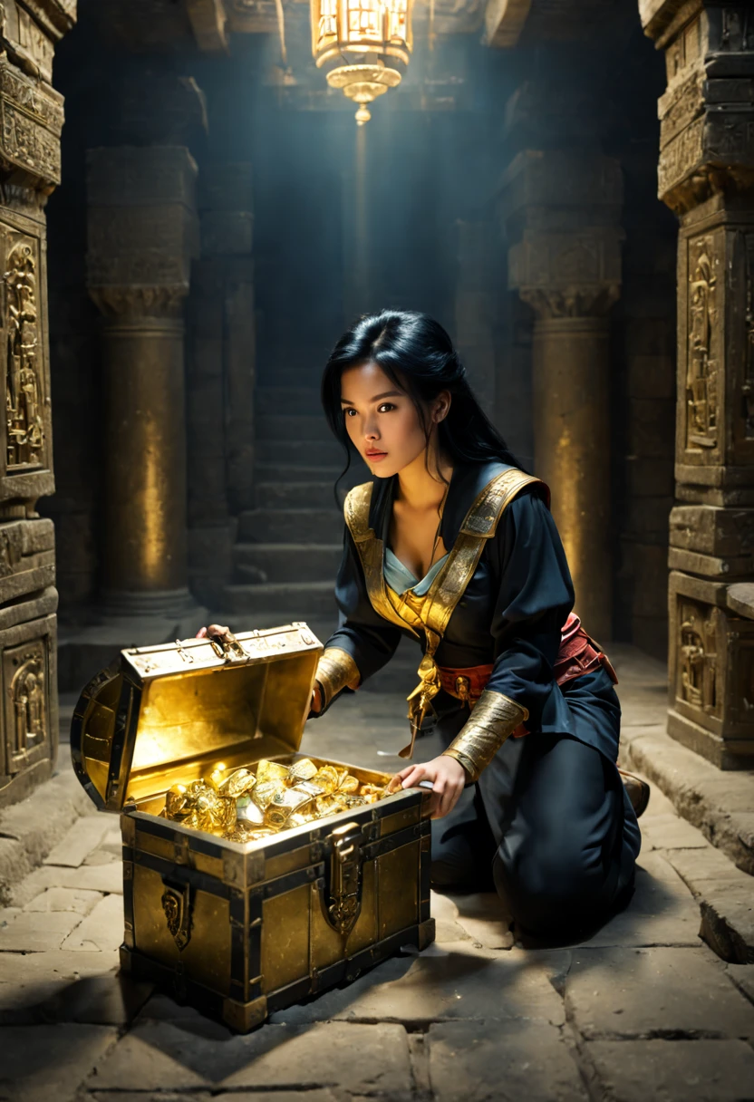 a 26yo female adventurer, black hair, BREAK, staring at a golden_box on the (ancient Altar), Lifting (a half-opening ancient treasure chest:1.2), the box inside gave out a harsh light, dark Ancient Underground Palace, indoors, cinematic