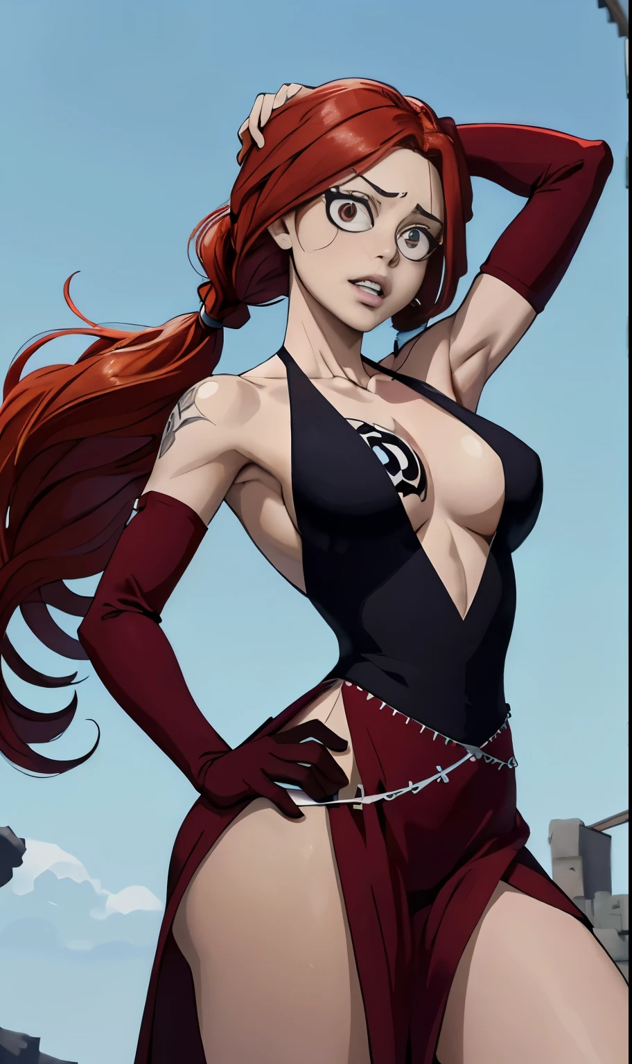 anime fairy tail, personaje lflare, pelo anaranjado largo en dos coletas, rostro hermoso, pecho grande, trasero grande, Curvaceous Body, calidad, 4k, adolescente, atractiva. Flare es una joven de piel clara de estatura media, con el pelo largo, color rojo, They are gathered on both sides of the head and tied into a pair of braided pigtails, masivas, que llegan hasta la cintura, y parecen seguir siendo por lo general arqueado, Backwards. Ella tiene labios gruesos y ojos rojizos, que siempre se muestran algo de par en par, que, junto con las cejas levantadas y perpetuamente su boca semi-abierta, gives him a somewhat crazy expression. Furthermore, ella parece tener bolsas visibles por debajo de los ojos, agregando a su aspecto distintivo. Flare posee un cuerpo muy voluptuoso, con senos masivos encontrados por las caderas de manera similar, la dota de una casi perfecta figura de un reloj de arena. Su hombro izquierdo tiene una cicatriz en forma de una "X", y su oscura marca de Gremio se encuentra en la parte superior de su pecho derecho. Flare tiene un vestido rojo muy revelador, que deja la mayor parte de su cuerpo superior al descubierto, es decir, su espalda, los lados y una gran parte de su escote que casi le llega hasta el ombligo (y, en consecuencia, parte de su marca de gremio) completamente expuestos, asegurado por correas de cuello halter. El vestido casi llega hasta los tobillos, con la parte que cubre sus piernas con volantes, and a lighter section, consisting of two elongated patches that act as a leash of sorts, en correspondencia a la cintura, al parecer, it is sewn to the clothes. El traje de Flare se completa con guantes largos que llegan casi hasta los hombros, haciendo coincidir su vestido en color, each with a small cut on the outer top edge, y las botas simples y de color claro, buena calidad, 4k.