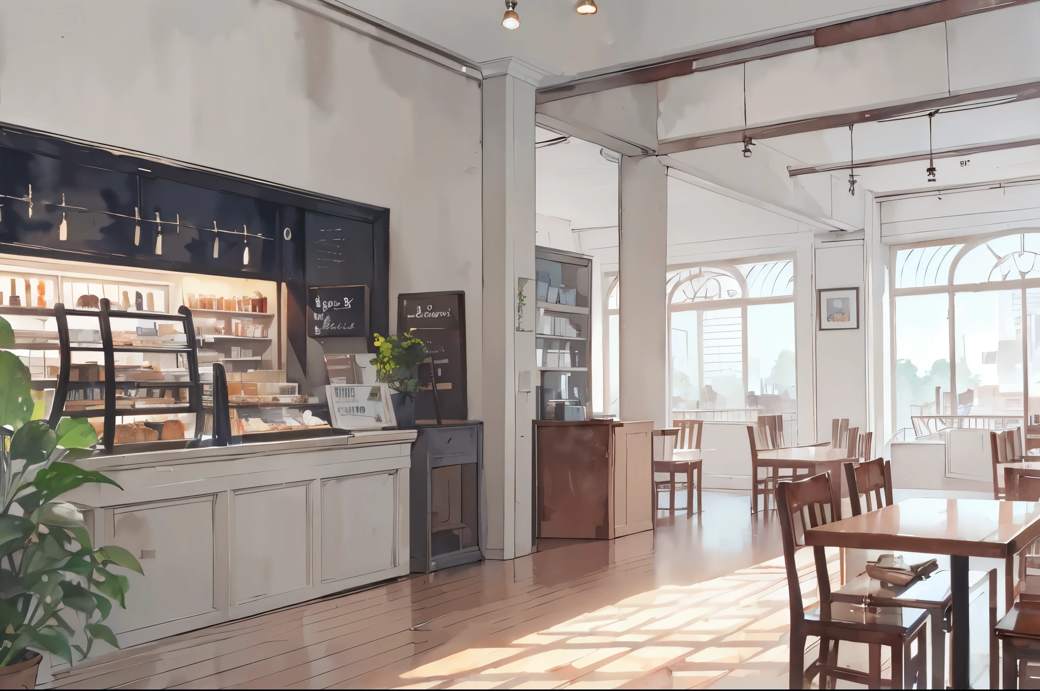 ((masutepiece)), (Professional Photography:1.2), (High Definition:1.3), Best Quality, (Watercolor painting:1.3), From Side, Wide Shot,Cafe Restaurant, warm interior, ( White background:1.10), Fine splashes of pale blue ink, The store has a calm atmosphere where you can relax..........
