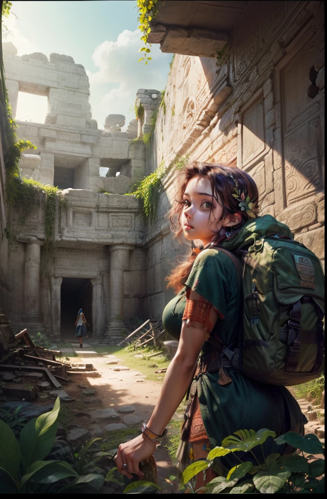 A 26-year-old female adventurer deep in the dense jungle, Surrounded by a green tunnel of leaves and branches, in the right corner of the screen, Shown through leaves (A corner of the huge Mayan architectural ruins in the distance:1.4), backpacks, Side view, Cinematic