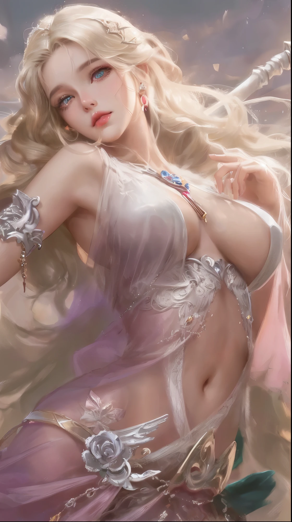 Un primer plano de una mujer con un vestido con una espada., Fantasy Woman, hermosa doncella, Karol behind UHD, Detailed fantasy art, Hermosa y seductora mujer de anime, beautiful fantasy maiden, diosa del anime, realistic fantasy artwork, diosa rubia, WLOP!!, diosa. detalle extremadamente alto, Arte WLOP, Como Artgerm, Magali Villeneuve', anime