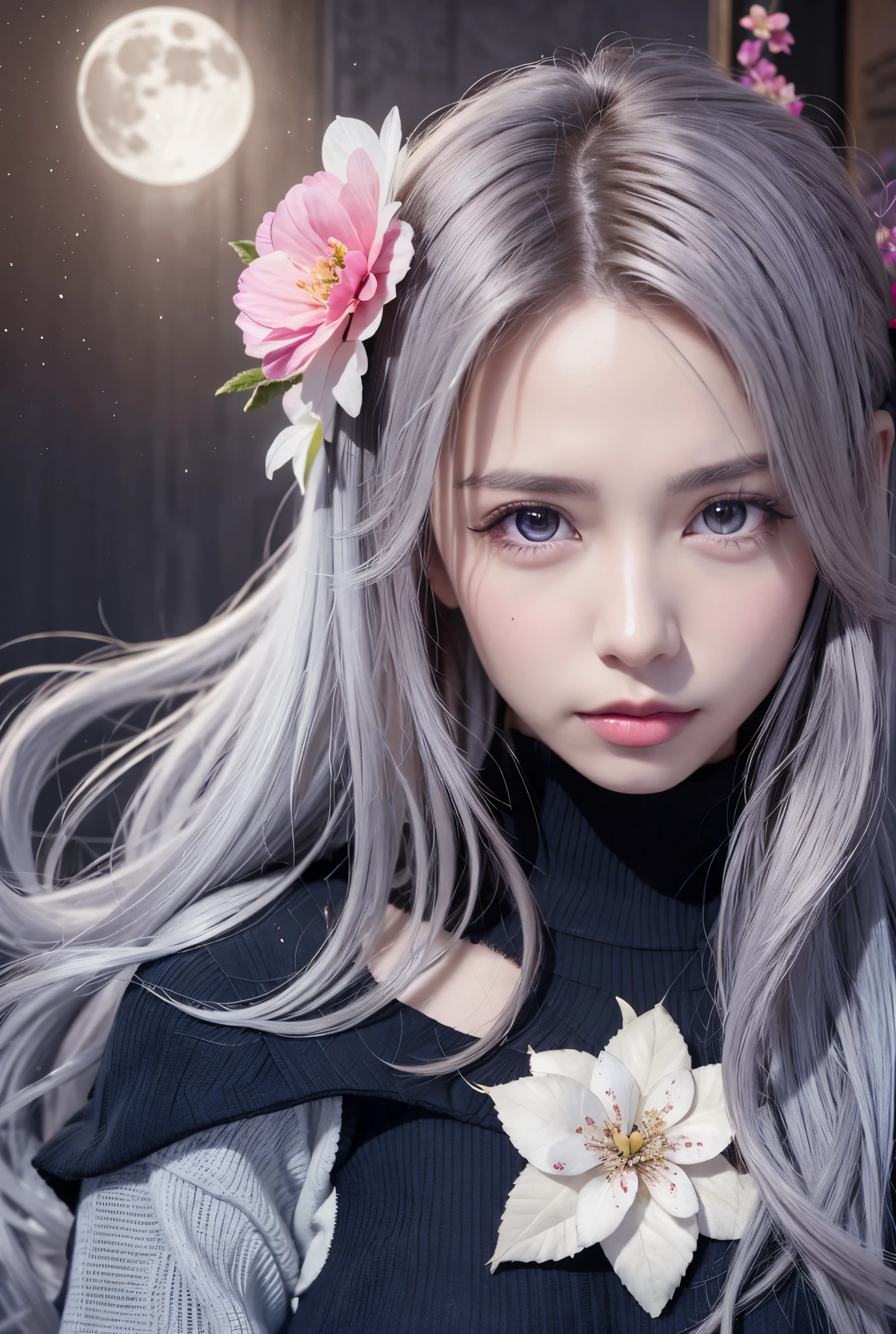 masutepiece, Amazing girl, Night Moon Full Moon, 1 female, Mature Woman, Sister, Royal Sister, Cold Face, deadpan, Silver-White Long Haired Woman, Light pink lips, Calm, Intellectual, Three Band Grey Eyes, Assassin Short Knife, Flower ball background, Hand Details, finger detailed, Facial details, Eye details,