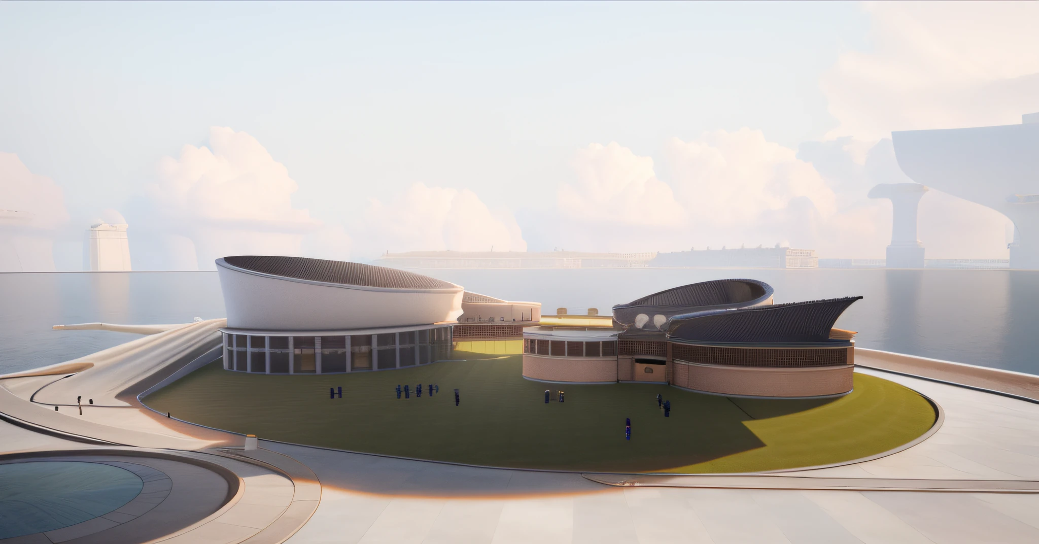 there is a drawing of a building with a large circular roof, vue 3d render, vue render, artists impression, highly rendered!!, front-view, digital rendering, architecture render, 3/4 view, 3 / 4 view, architectural render, conceptual rendering, imax render, artist's impression, detail render, complex 3d render, complex 3 d render