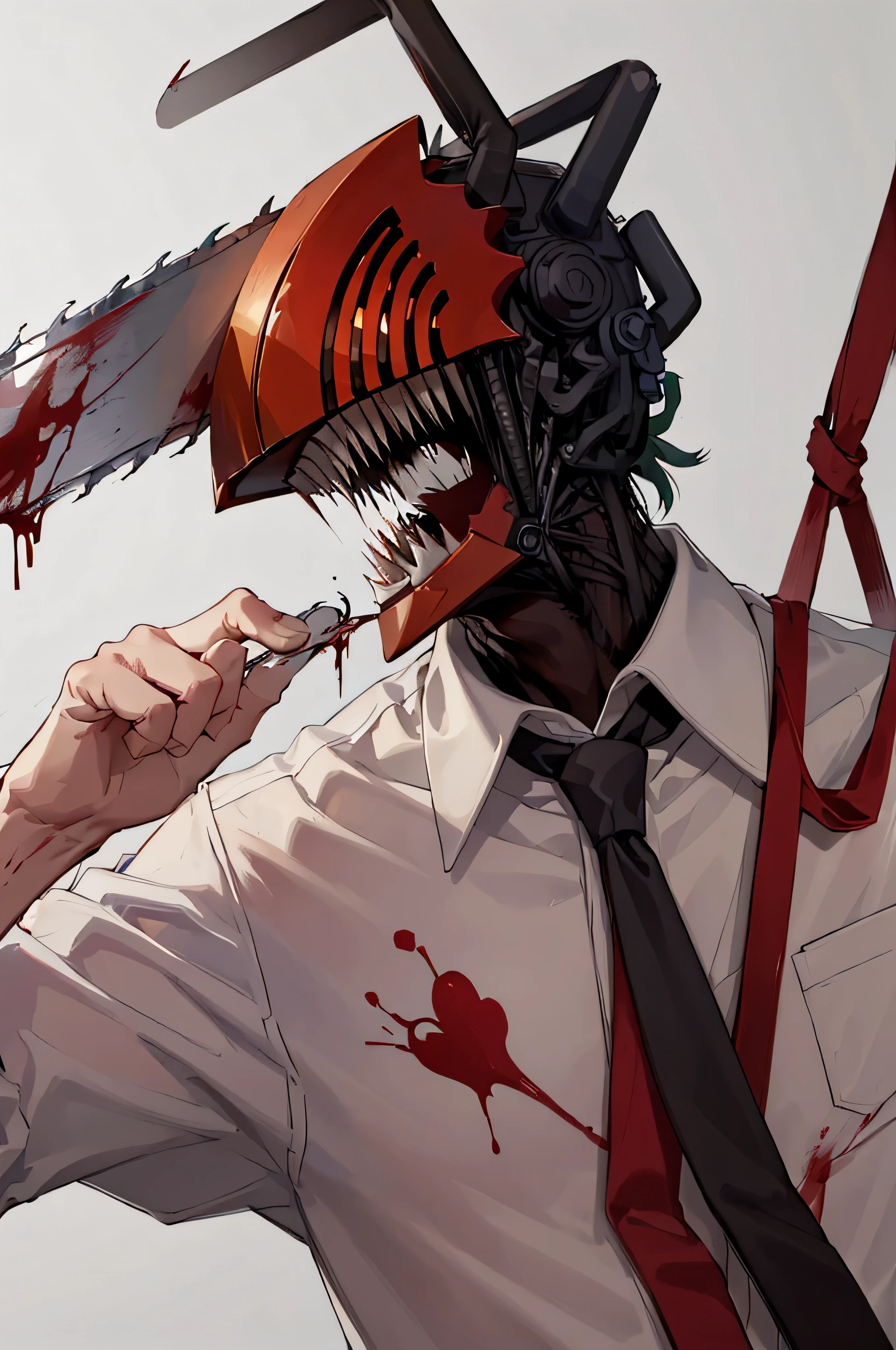 (masterpiece, best quality:1.2), solo, male focus, 1boy, chainsaw man, chainsaw, sharp teeth, open mouth, tongue, white collared shirt, (blood_on_clothes:1.2), black necktie, black pants