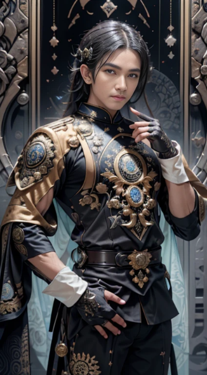 Handsome men raden, realistic, brown eyes, Black hair, Javanese tradisional dress, with Javanese mask, blue batik, gloves