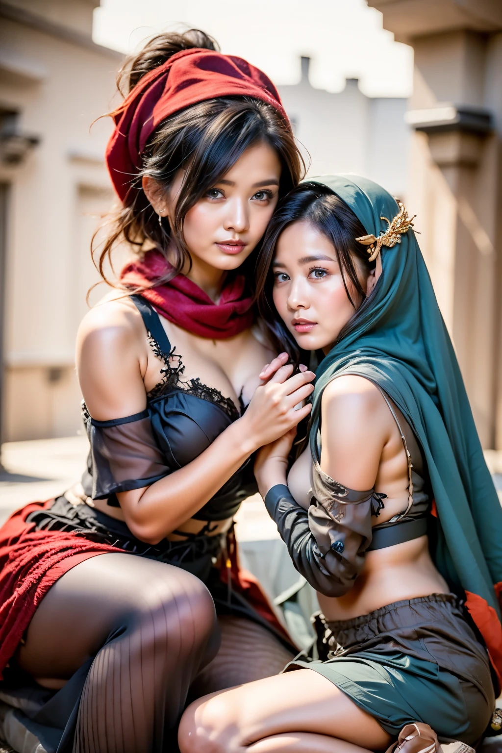 All faces must be different,super big eyes,two female oen soldiers with colorful robes,magical wonderland,