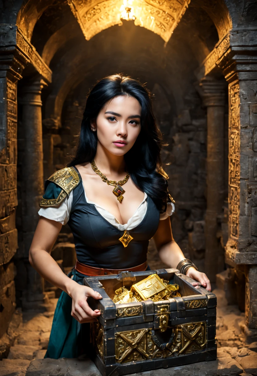 a 26yo female adventurer, black hair, BREAK, on the ancient Altar, Lifting (a half-opening ancient treasure chest:1.2), the box inside gave out a harsh light, (dark) Ancient Underground Palace, indoors, cinematic