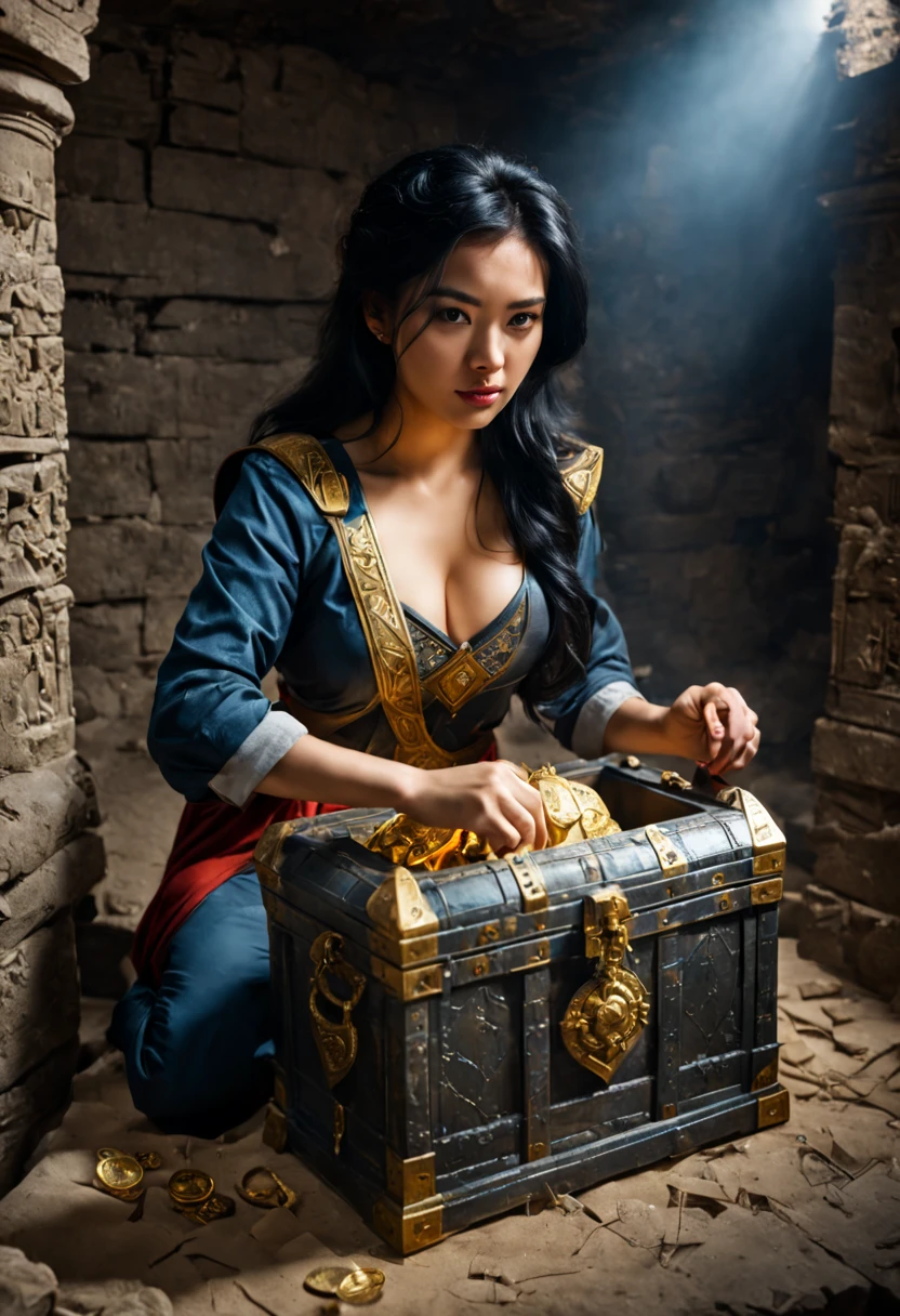 a 26yo female adventurer, black hair, BREAK, on the ancient Altar, Lifting (a half-opening ancient treasure chest:1.2), the box inside gave out a harsh light, (dark) Ancient Underground Palace, indoors, cinematic