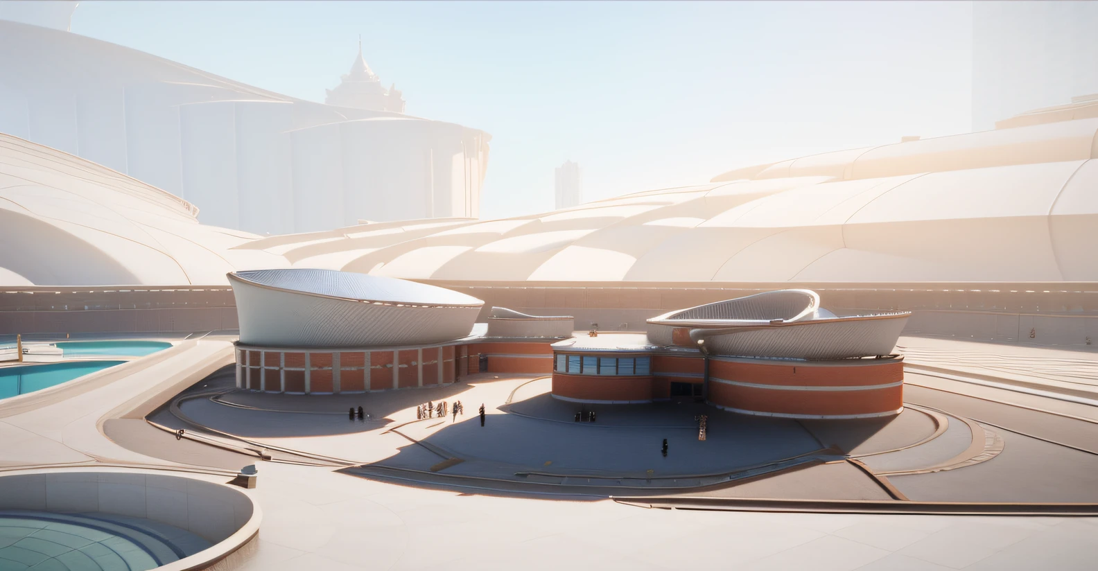 there is a drawing of a building with a large circular roof, vue 3d render, vue render, artists impression, highly rendered!!, front-view, digital rendering, architecture render, 3/4 view, 3 / 4 view, architectural render, conceptual rendering, imax render, artist's impression, detail render, complex 3d render, complex 3 d render