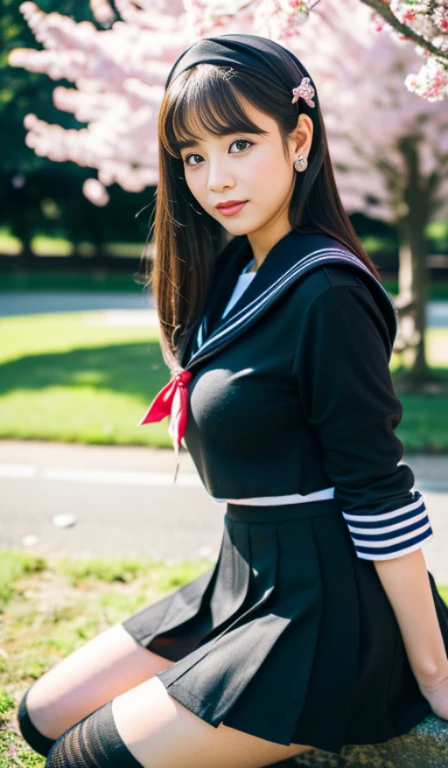 (Japanese-style school,the cherry trees:1. Mature elven beauty,standing on your feet,a sailor suit), tmasterpiece, best qualtiy, RAW photogr, realisticlying, Incredibly Ridiculous res,Elf long ears, ear studs,hair pin, (Long flowing hair in silver and black:1.9),eye shadows,(a sailor suit),eardrop,foot ring,short skirt,(Black sport socklack half-knee socks),(Loafer shoes),two longer legs,depth of fields, A high resolution, ultra - detailed, filigree, RAWE is very detailed, very detailed eyes and faces, Sharp pupils, realistic pupil, tack sharp focus, cinmatic lighting,full bodyesbian,Bigboobs,long legerom the front side,dynamicposes,Normal posture,closeup of face