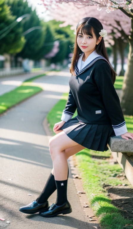 (Japanese-style school,the cherry trees:1. Mature elven beauty,standing on your feet,a sailor suit), tmasterpiece, best qualtiy, RAW photogr, realisticlying, Incredibly Ridiculous res,Elf long ears, ear studs,hair pin, (Long flowing hair in silver and black:1.9),eye shadows,(a sailor suit),eardrop,foot ring,short skirt,(Black sport socklack half-knee socks),(Loafer shoes),two longer legs,depth of fields, A high resolution, ultra - detailed, filigree, RAWE is very detailed, very detailed eyes and faces, Sharp pupils, realistic pupil, tack sharp focus, cinmatic lighting,full bodyesbian,Bigboobs,long legerom the front side,dynamicposes,Normal posture,closeup of face