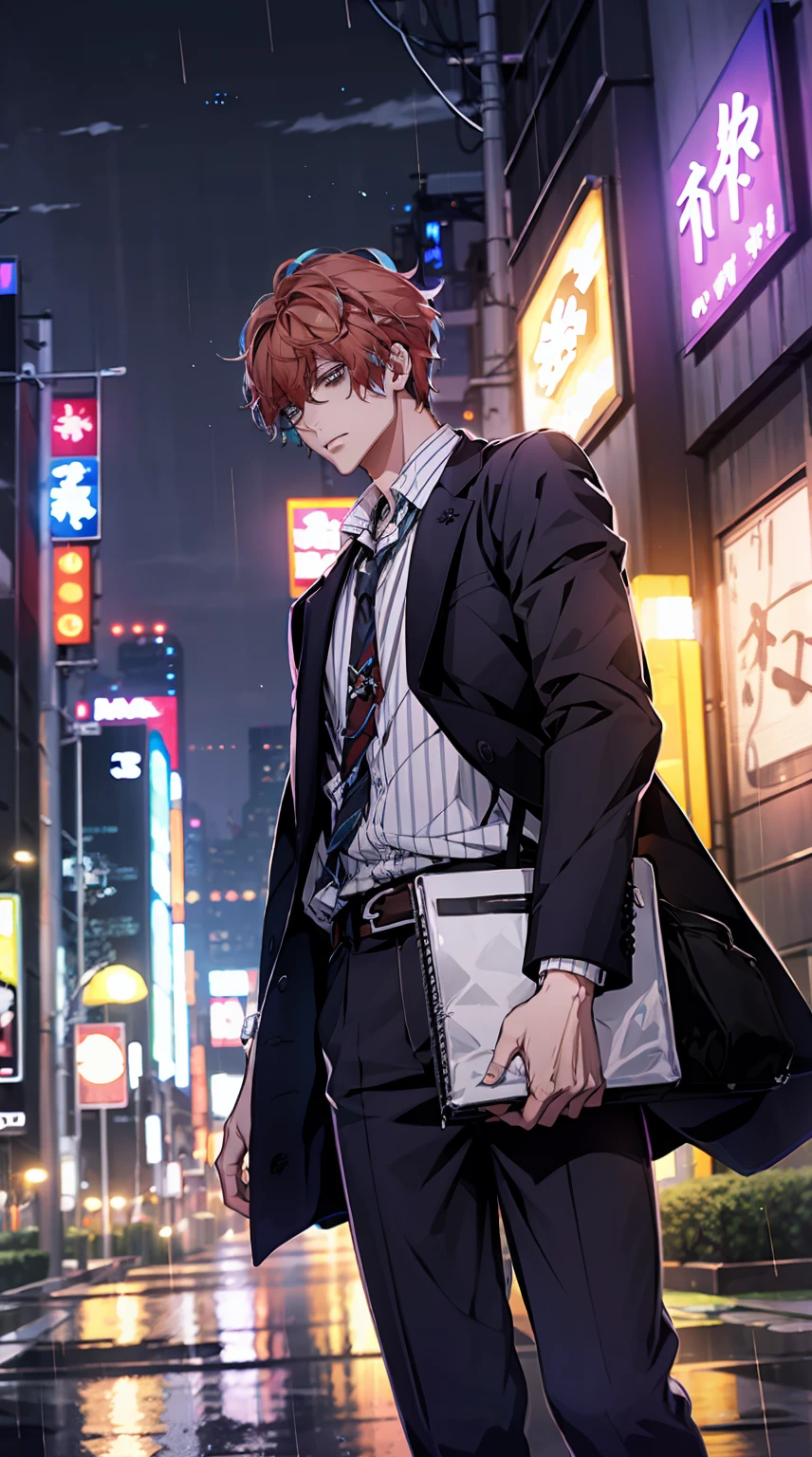 1 young man, male photo, business suit,melancholy look,night city,in Tokyo city,raining,high quality, best quality, masterpiece, 8K