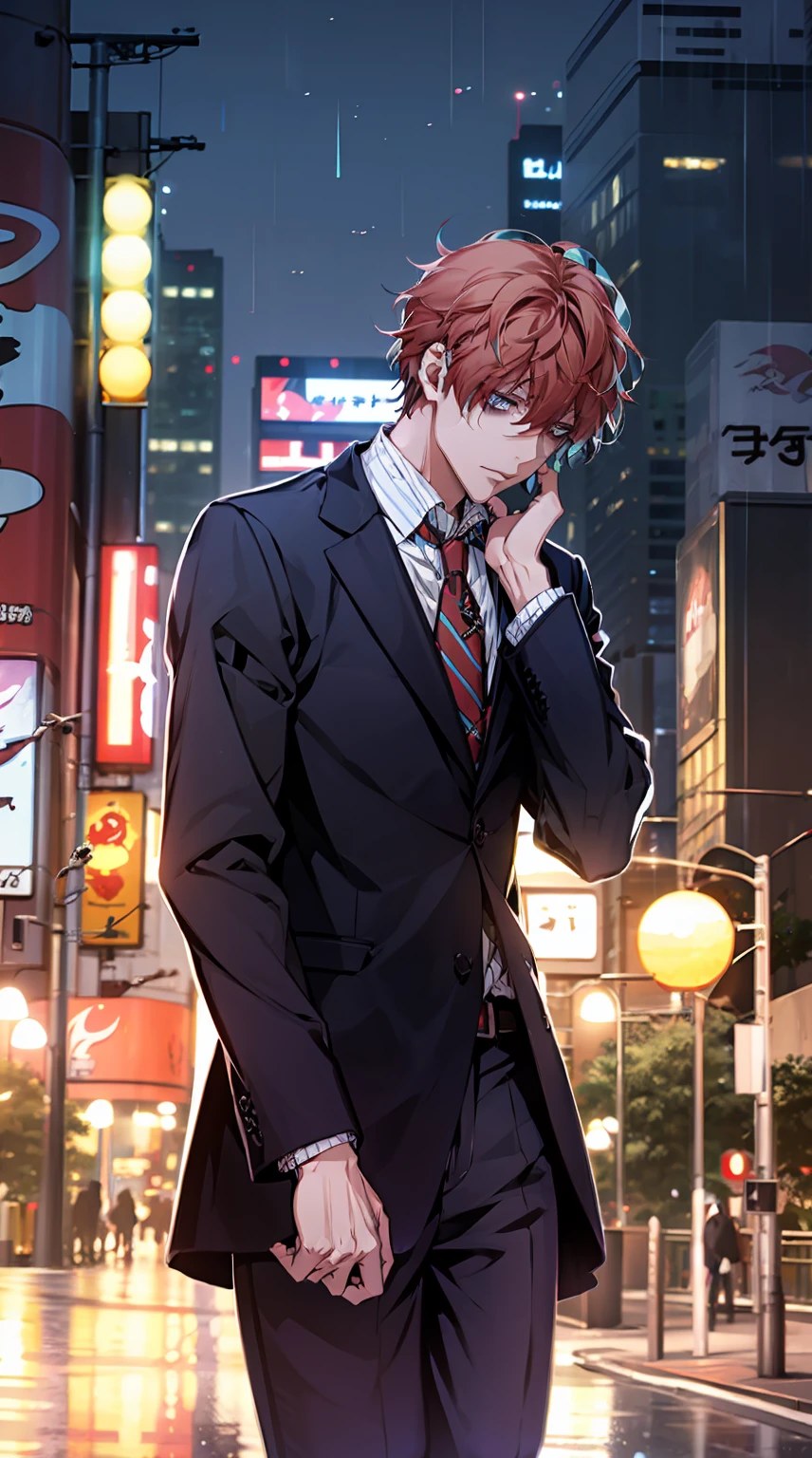 1 young man, male photo, business suit,melancholy look,night city,in Tokyo city,raining,high quality, best quality, masterpiece, 8K