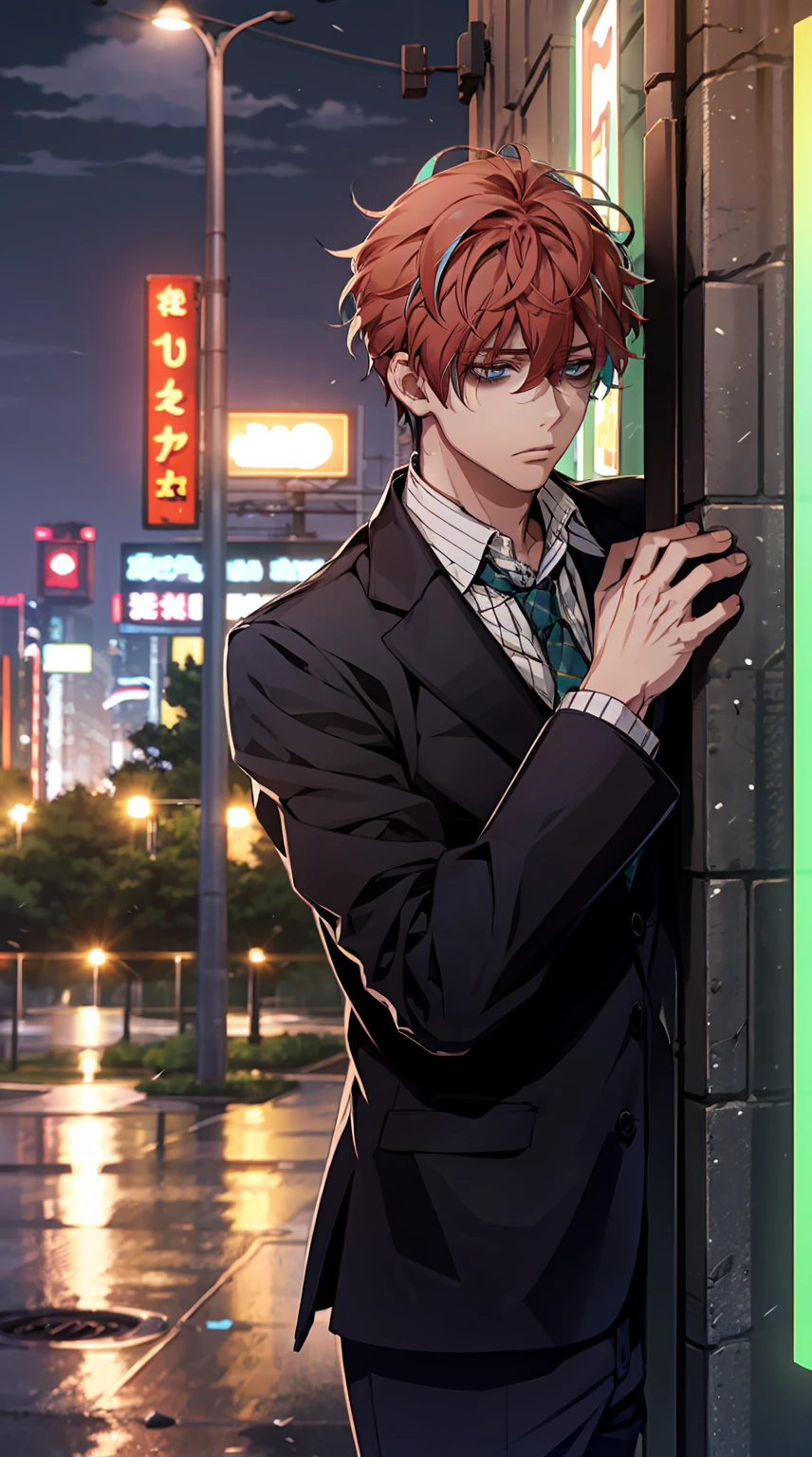 1 young man, male photo, business suit,melancholy look,night city,in Tokyo city,raining,high quality, best quality, masterpiece, 8K