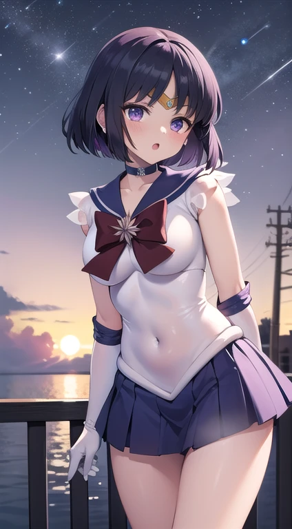 (masterpiece:1.2, best quality:1.2), (shiratama:1.2), R15, highres, (extremely detailed), (intricate), (beautiful dentaled glow:1.2), sunset, gradient sky, space, cinematic lighting, (pixiv), 1girl, (8k, HD, portrait, cowboy shot, anime, 4k, novel illumination), soft outline, (perfect quality:1.2), bangs
BREAK (tomoe hotaru, sailor saturn), purple eyes, purple hair, short hair,
BREAK back bow, purple bow, purple choker, purple sailor collar, purple skirt, bow, choker, earring, tiara, elbow gloves, jewelry, magical girl, large breast, collarbone, (white leotard), miniskirt, sailor collar, sailor senshi uniform, boots, (sleeveless), ((see-through)), (skindentation:1.2), (steaming body:1.2), (bare shoulders, bare hip, thighs, covered navel)
BREAK (perfect anomary, perfect hand), (perfect cute face:1.4), (perfect clothes, perfect body), night, (sky:1.2), heavy breathing, (:o, (in front), outdoor, energy, NFSW)