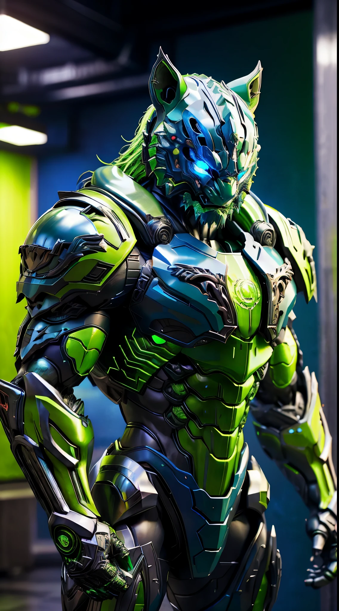 TIGER, (green, blue:1.5), DRAGON HEAD, HEAVY CRYSTAL ARMOR, TRANSPARANT, MUSCLE BODY, MUSCLE ABS.