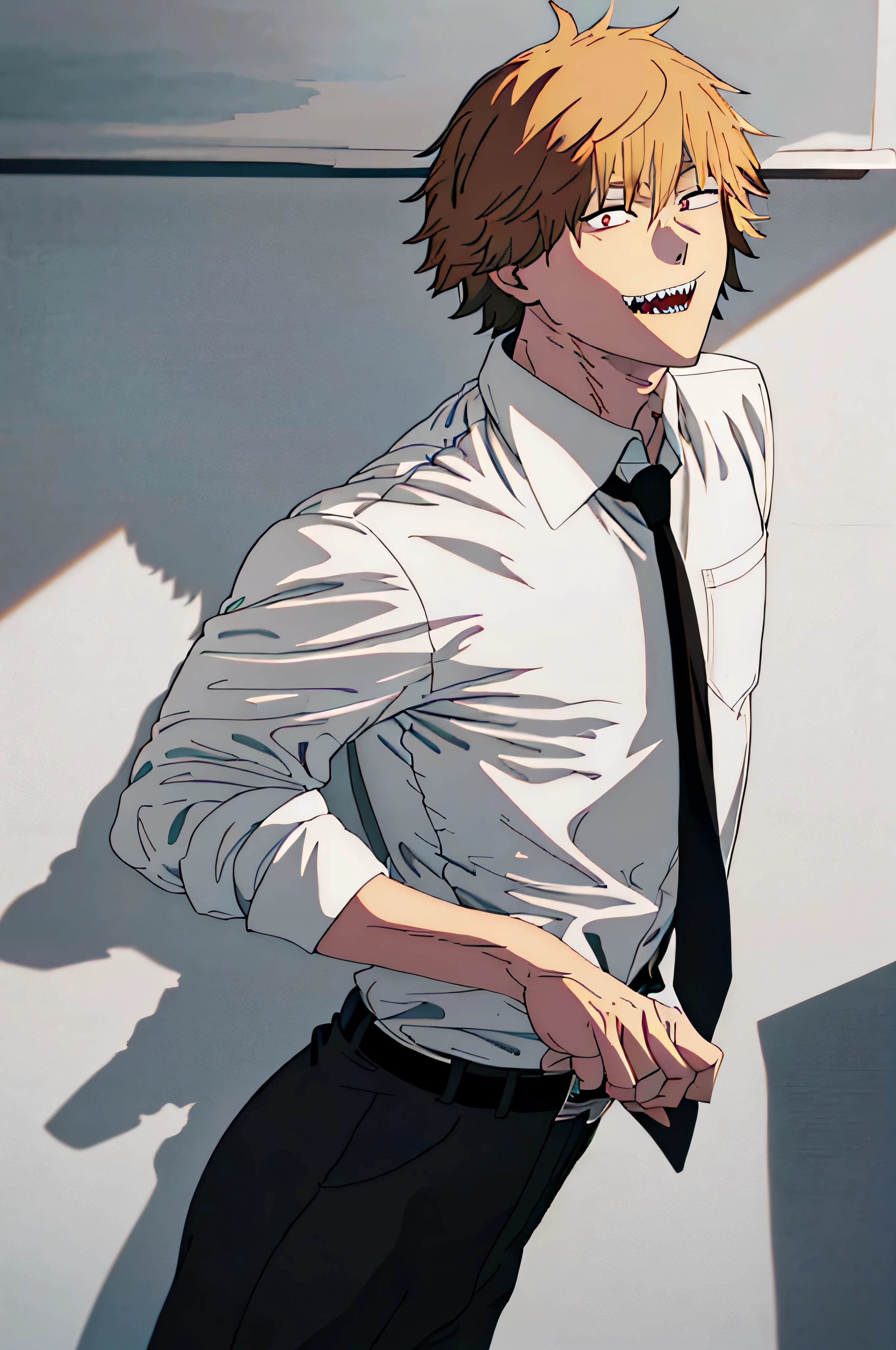 masterpiece, best quality, highres, dja, black necktie, white shirt, collared shirt, sleevesa rolled up, black pants, belt, short hair, cowboy shot, sharp teeth,