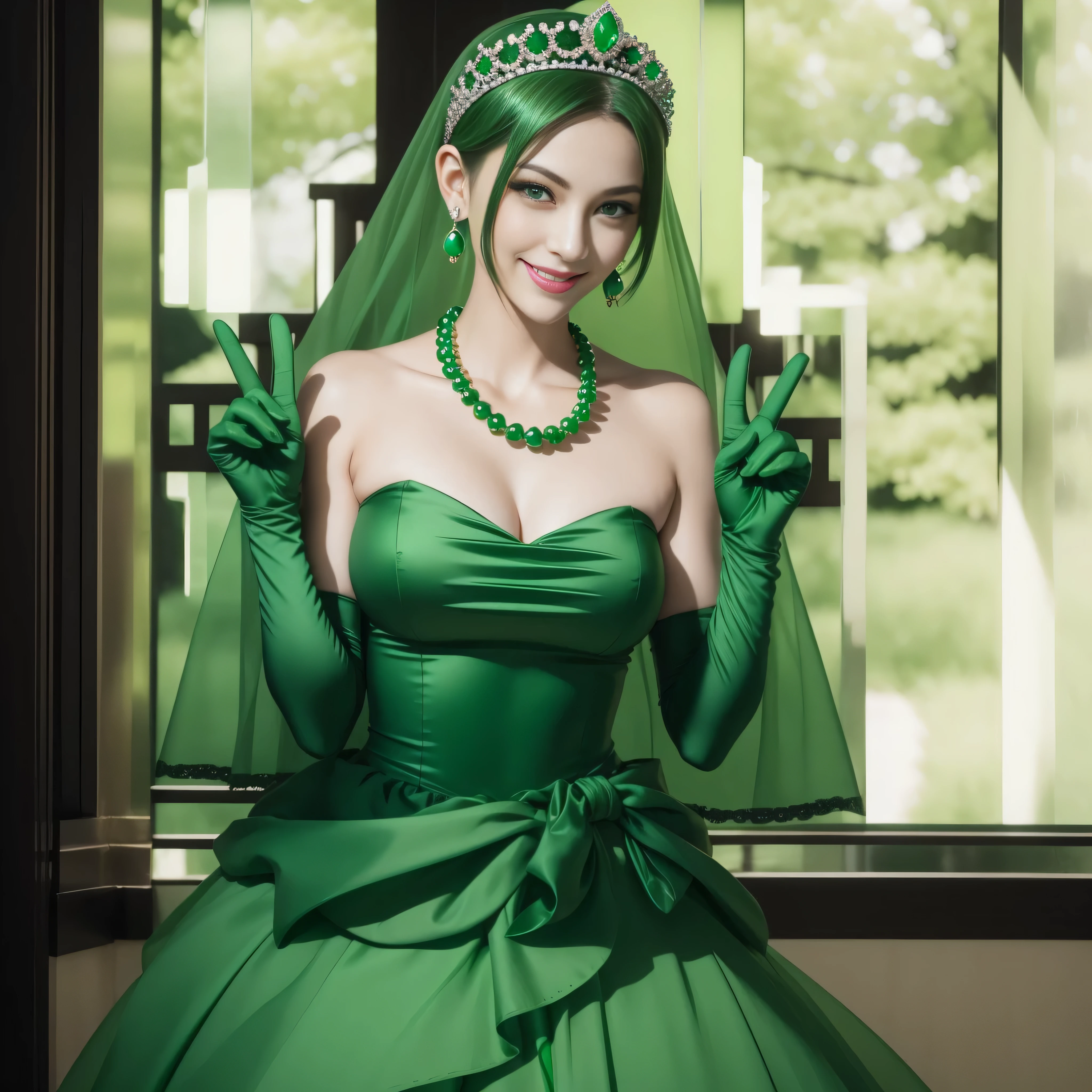 emerald tiara, Green Pearl Necklace, Boyish very short green hair, lipsticks, Japan woman smiling, very short short hair, big breasts beautiful, Green eyes, Long green gloves made of satin material, Green eyes, Emerald Earrings, green vale, v sign