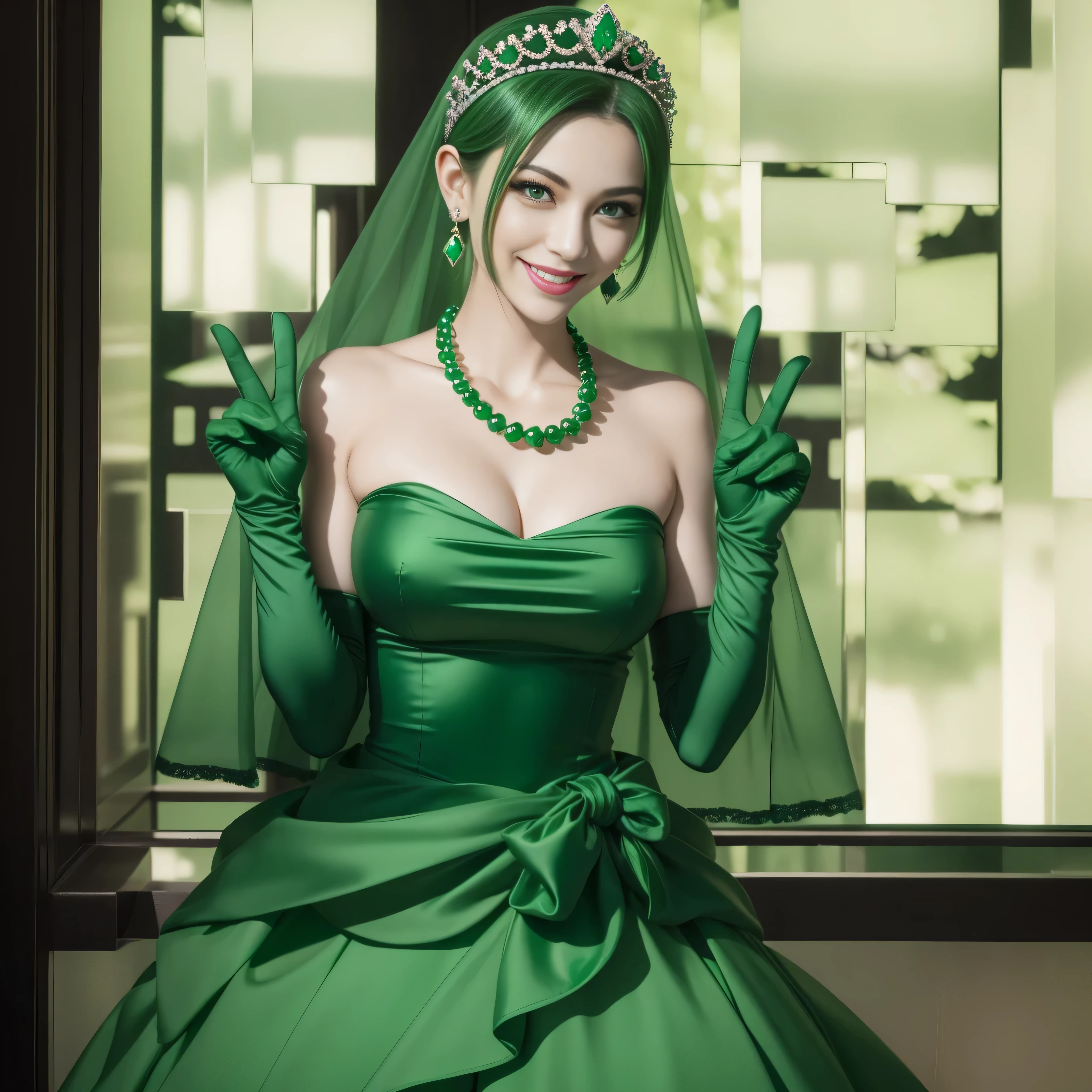 emerald tiara, Green Pearl Necklace, Boyish very short green hair, lipsticks, Japan woman smiling, very short short hair, big breasts beautiful, Green eyes, Long green gloves made of satin material, Green eyes, Emerald Earrings, green vale, v sign