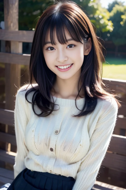 Close up of woman posing for photo, Japanese Models, Beautiful Asian Girl, 18-year-old female model, 4K、bangss、A dark-haired、bobhair、Middle hair、Straight hair、(Sweaters, skirt by the:1.2),　(Super cute face in idol style:1.2)、slim and beautiful figure、beutiful breast、A smile、a park、blue-sky