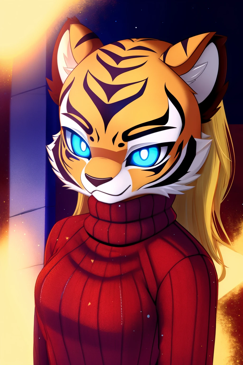 android wife, tigress anthro, blonde hair, blue eyes, glowing eyes, sweater, 3D Disney style