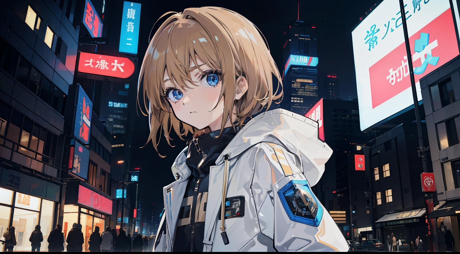 masutepiece、Best Quality、8K High Resolution、face perfect、Detailed face、Detailed eyes、light brown hair、Light blue eyes、Teenage boy，Mechanical body，hooded sweatshirt，light brown hairで，Holding a rifle，Glossy metallic texture，Rich in detail，City of Steel，Cyberpunk Personality，Staggered buildings，streetlights，Parallel Perspective