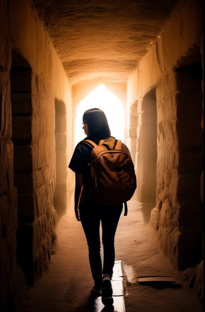 a 26yo female adventurer, black hair, backpack, BREAK, deep in the dense jungle, surrounded by leaves and branches, (Through the gaps of leaves:1.2), show the small outline of a super large Maya building (in the distance:1.2), side view, cinematic