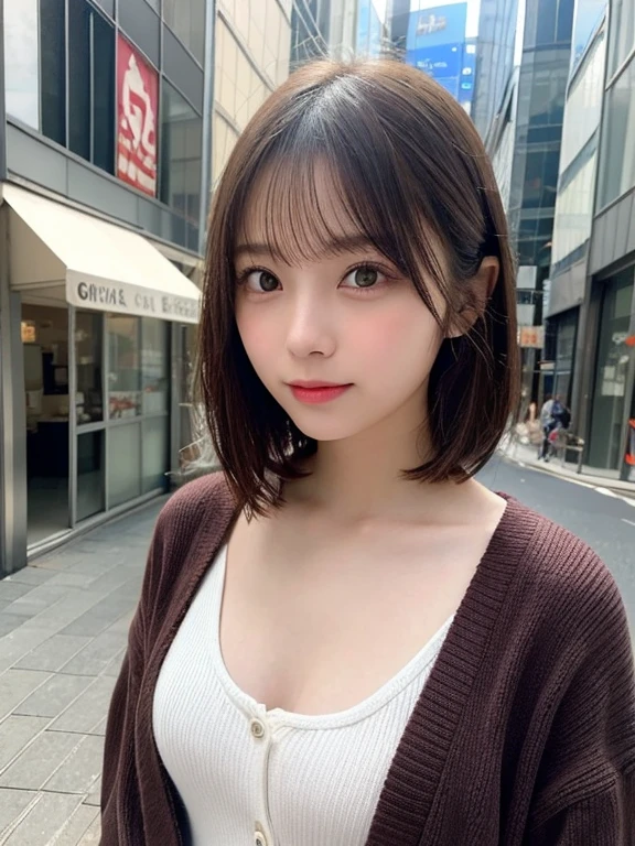 Detailed details,、hight resolution、hightquality、Perfect dynamic composition、Beautiful detailed eyes、short-hair、Small breasts、Natural Color Lip、Kamimei、Shibuya、,Nogizaka46 Idol,hposing Gravure Idol、、1 persons、Transparent skin、Glowing hair、masutepiece、Best Quality、finely detail、hight resolution、8K、The correct state of the human body、randome pose、Gravure Model Pose、Cardigan、Hair soaring in the wind、