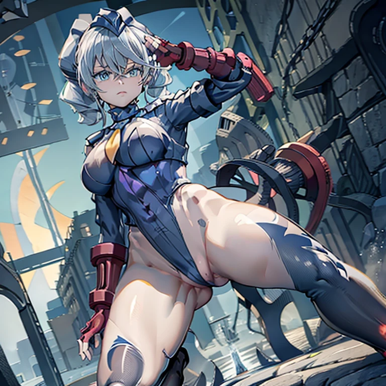 ultra-detailed, Explicit, Beautiful body, Beautiful Nose, Beautiful character design, perfect eyes, perfect face, ultra highres, 4K, beautiful legs, perfect legs, Nice hands, Perfect hand, Masterpiece, Best Quality, Highly detailed, illustration, absurdres, street fighter, doll suit, shadaloo doll, dollsuit, girls, multiple girls, expressionless, blank eyes, looking at viewer, red gloves, emotionless, black latex, corrution, mind control, female combatant, full body, hypnotized, unhappy trance, full body suit, ribbed bodysuit, both arms at side, obey, perfect female body, extremely glossy latex, hypnosis, hypnoLora, empty eyes, Mind control device, poses, submissive_pose, Slave, hat, necktie, stand up straight, standing, standing at attention, hat, necktie, belt, latex, ribbed bodysuit, thighhighs, garter belt, Fighting Stance, extending the right arm from the shoulder into the air with a straightened hand, nazi saluting, military, military saluting, salute, thigh boots, Perfect anatomy, perfect hand, perfect finger, Yu-Gi-Oh!, Silver Ji, white hair, braid, medium hair, blue eyes , horn