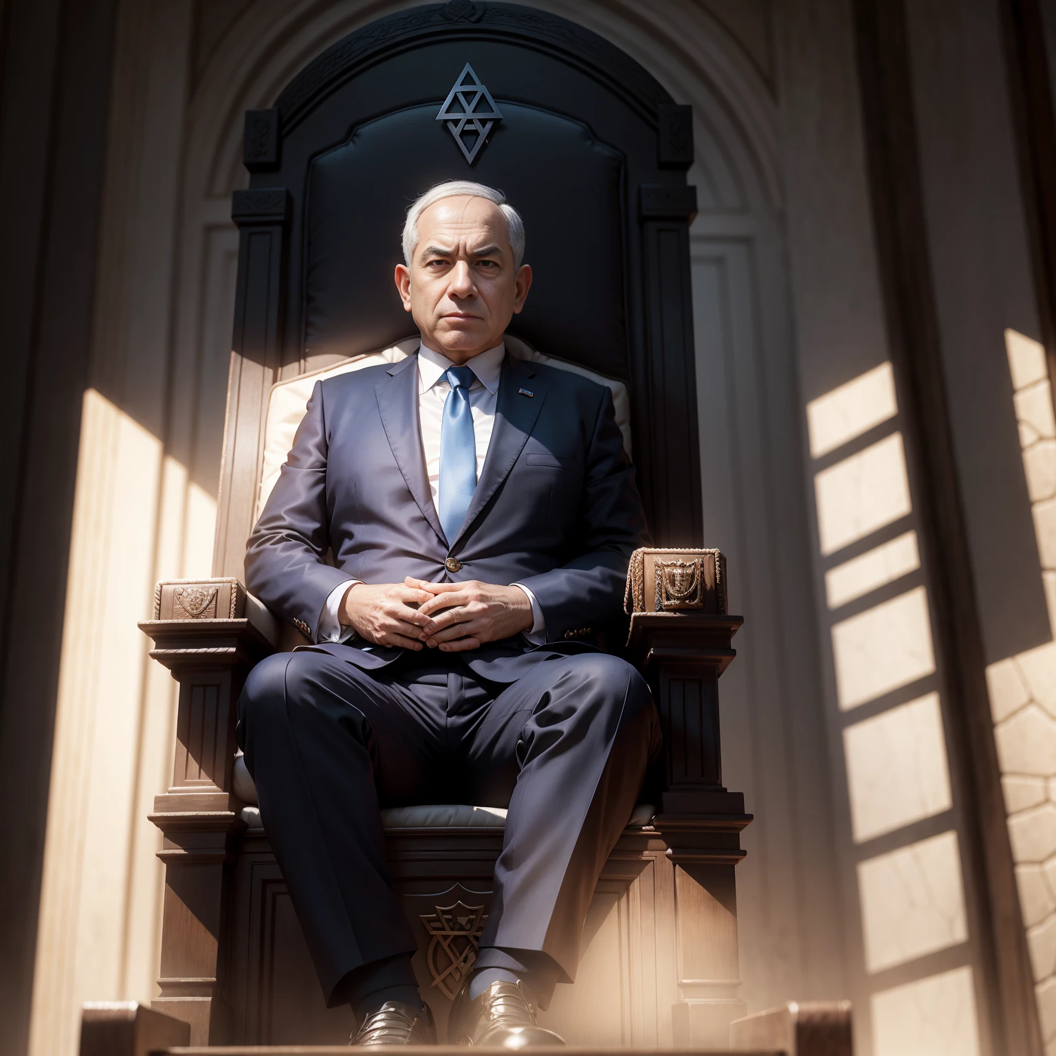 Israeli Prime Ministers Benjamin Netanyahu, chubby square face, sitting on a throne made of swords, wearing a star of David necklace, a plain black suit, glaring at the viewers,
