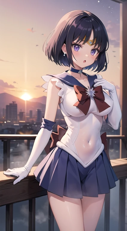 (masterpiece:1.2, best quality:1.2), (shiratama:1.2), R15, highres, (realistic:0.5), (extremely detailed), (intricate), (beautiful dentaled glow:1.2), sunset, gradient sky, space, cinematic lighting, (pixiv), 1girl, (8k, HD, portrait, cowboy shot, anime, 4k, novel illumination, soft outline, (perfect quality:1.2), bangs
BREAK (tomoe hotaru, sailor saturn), purple eyes, purple hair, short hair,
BREAK back bow, purple bow, purple choker, purple sailor collar, purple skirt, bow, choker, earring, tiara, elbow gloves, jewelry, magical girl, large breast, collarbone, (white leotard), miniskirt, sailor collar, sailor senshi uniform, boots, (sleeveless), ((see-through)), (skindentation:1.2), (steaming body, heavy breathing:1.2), (bare shoulders, bare hip, thighs, covered navel)
BREAK (perfect anomary, perfect hand), (perfect cute face:1.4), (perfect clothes, perfect body), night, (sky:1.2), (:o, (in front), outdoor, energy, NFSW), white background