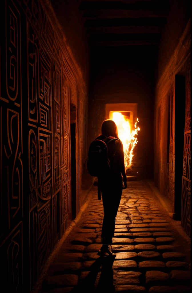 1 lady, 26 year old, brunette color hair, backpacks, Side view, Walk in the dark, (Holding a torch with hands:1.2). Engraved on the walls of the maze (ancient symbols and patterns:1.2), It seems to be telling a mysterious story. end of the front corridor, (a huge treasure chest:1.2) flashing at the edge, Cinematic